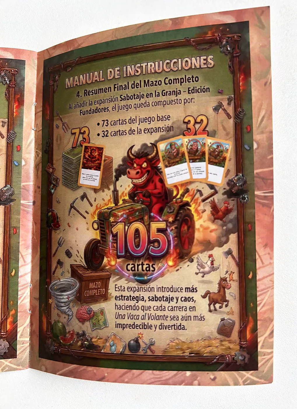 Página del manual: 73 cartas del juego base más 32 de la expansión, 105 cartas en total