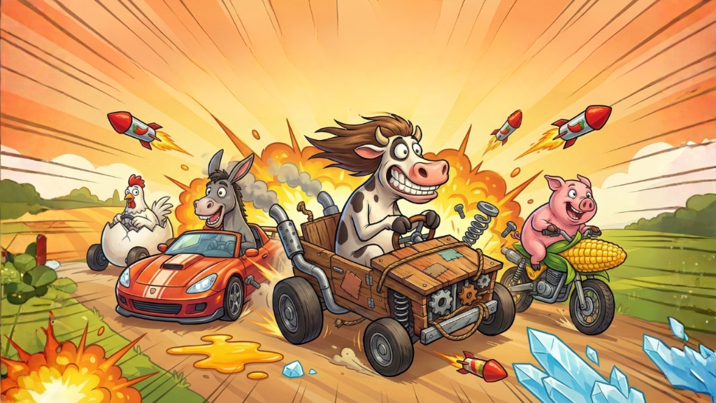 Vaca conduciendo un coche de carreras en la granja